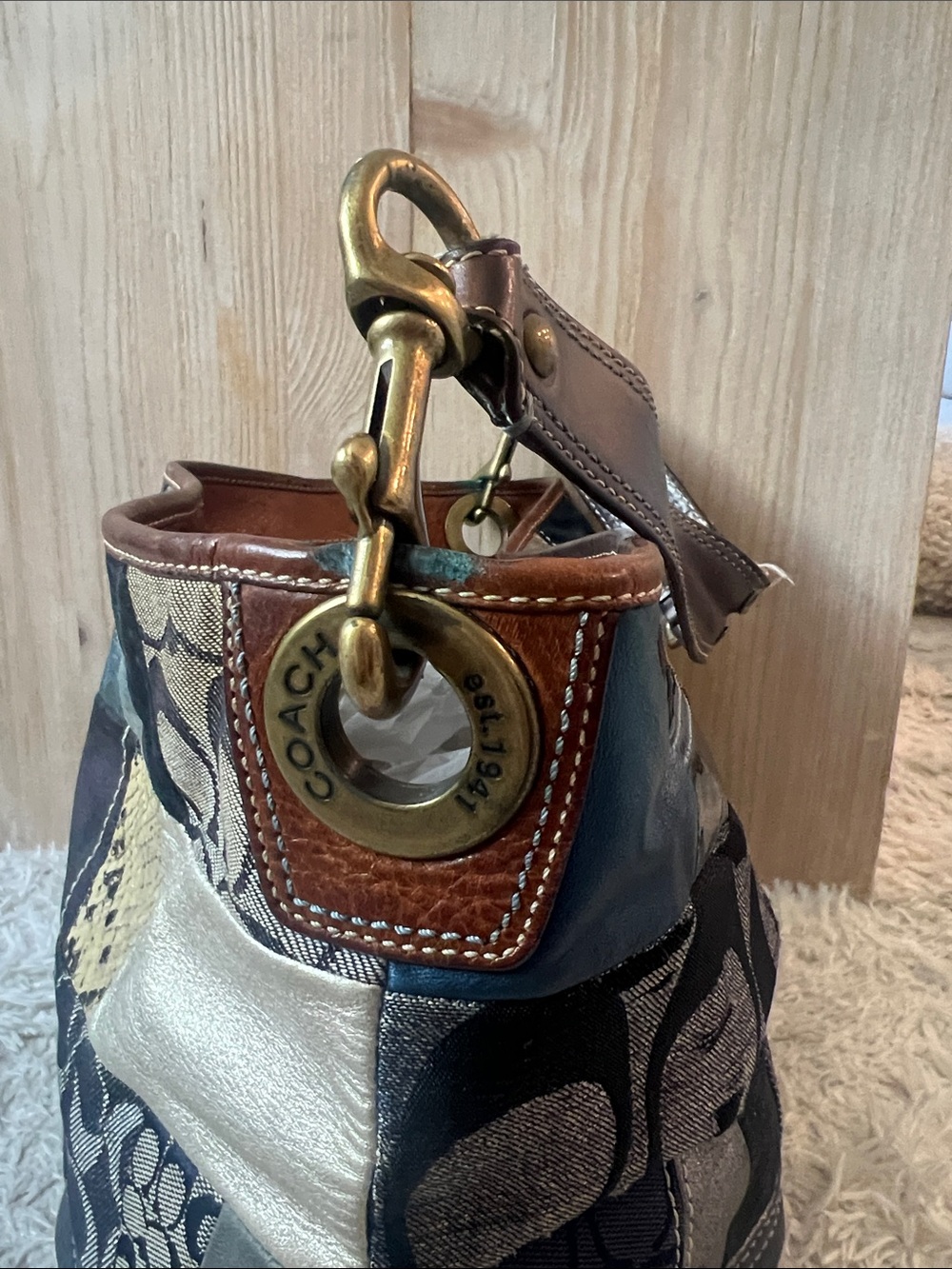 Coach Patchwork Vintage Y2K Shoulder Tote Bag Navy, Denim Metallic with Wristlet - Picture 6 of 17
